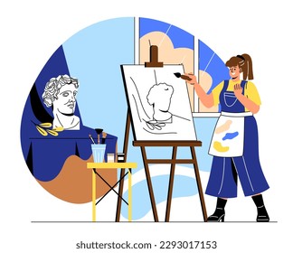 Artist at easel. Woman with brush stands and paints picture from marble bust. Talented artist in studio. Creativity and art, learning and education. Cartoon flat vector illustration