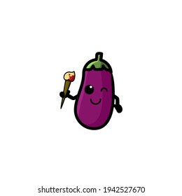 Artist Eggplant Cartoon Vector Illustration Mascot. Cute, Outline, And Funny Style Design. Recomended For Vegetable Logo Shop.