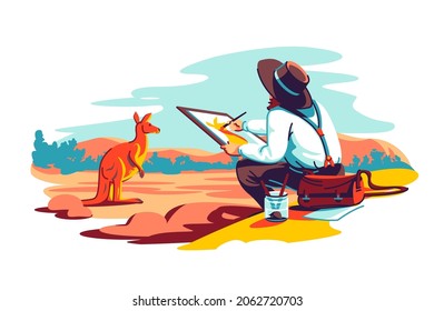 Artist exploring wild nature and paint vector illustration. Paint kangaroo masterpiece on nature flat style. Art, hobby, interest concept