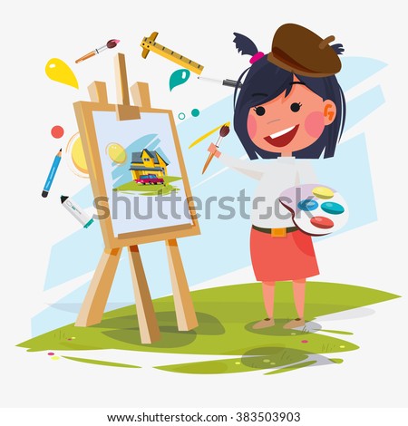artist female or girl painting on canvas with art icons. character design. Creative people professions collection. - vector illustration