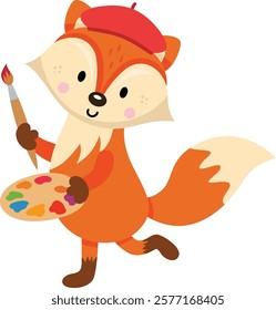 Artist Fox with Beret and Paint Palette