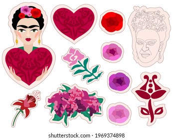 Artist Frida Kahlo Vector Set With Flowers, Heart And Line Drawing Frida Face 