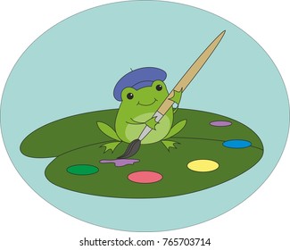 Artist frog with paint brush sitting on palette