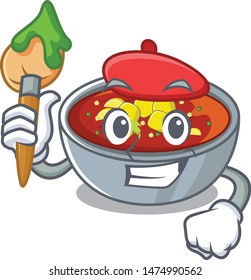 Artist gazpacho is poured into cartoon bowl