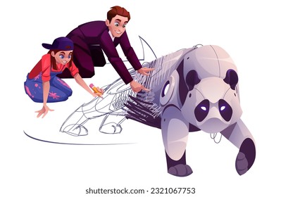 Artist girl and businessman drawing panda robot together, enjoying team work for business development. Designer working on illustration ordered by customer. Vector cartoon illustration on white