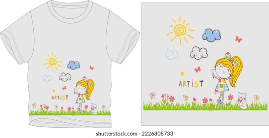 
ARTIST GIRL WITH CAT t shirt graphic design vector illustration \