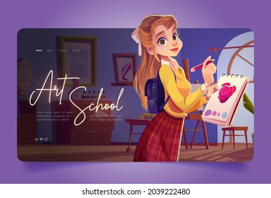 Artist girl paint flowers in art school cartoon landing page. Young woman painter holding pencil and sketchbook practicing drawing of rose blossom sketch. Workshop studio class, Vector web banner