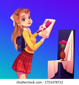 Artist girl paint flowers in vase. Painter young woman in teenage clothes and rucksack on back holding pencil and sketchbook with rose blossom sketch. Workshop studio class Cartoon vector illustration