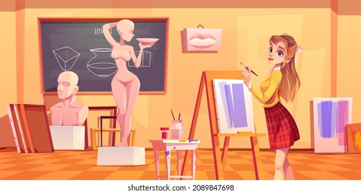 Artist girl painting in art school class. Young woman painter with brush stand front of easel in workshop studio interior with statues, blackboard, pictures and frames, Cartoon vector illustration