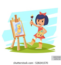 artist girl painting cat on canvas. character design. Creative people professions collection. Cartoon vector illustration