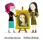 artist girl painting the Mona Lisa portrait with girl posing