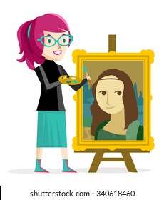 artist girl painting the Mona Lisa portrait