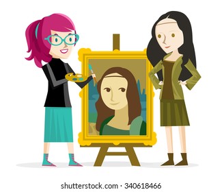 artist girl painting the Mona Lisa portrait with girl posing