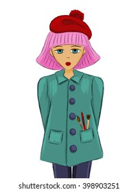 artist girl with pink hair in a red beret and green coat. sketch