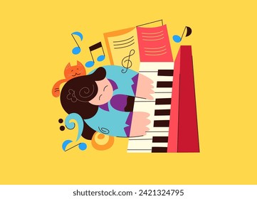 Artist girl playing piano music. Little red cat listens to melody. Abstract musician concept. Vibrant colors and trendy cartoon style. Vector illustration.