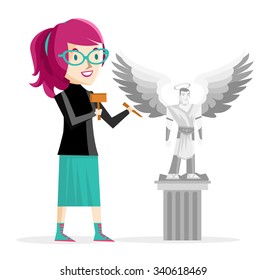 artist girl sculpting an angel