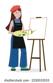 The artist girl stands sideways behind an easel with a brush and draws. Illustration on a white background. Suitable for higher and secondary education, schools, courses, teaching people painting, dra