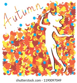 Artist girl with tassel in dress and big hat white silhouette on background out abstract pattern leaves seeds plants draws word "Autumn"