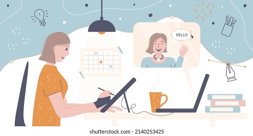 Artist, graphic designer in the process behind the workplace. A creative painter draws with a pen on a graphics tablet. Freelancer creates design. Vector illustration in flat style for resume