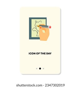 Artist hand drawing sketch of kitten flat vector icon. Artistic hobby for creative people isolated vector illustration. Lifestyle and entertainment, art concept for web design and apps