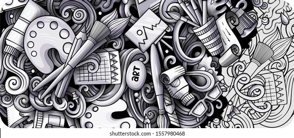 Artist hand drawn doodle banner. Cartoon detailed illustrations. Art identity with objects and symbols. Monochrome vector design elements background