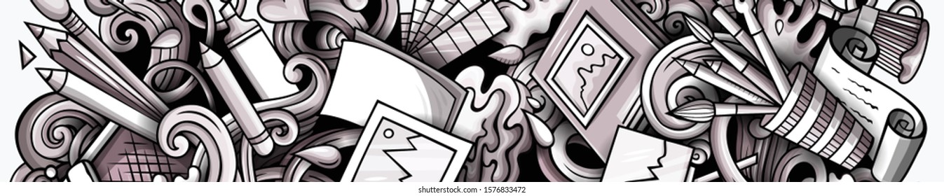 Artist hand drawn doodle banner. Cartoon detailed illustrations. Art identity with objects and symbols. Watercolor vector design elements background