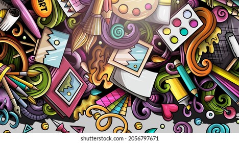 Artist hand drawn doodle banner. Cartoon detailed illustrations. Art objects and symbols. Color vector design elements background