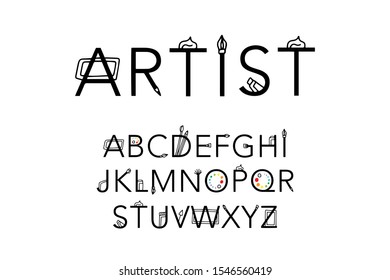 Artist hand drawn vector font type in cartoon style illustration details colorful elements brush palette pencil canvas