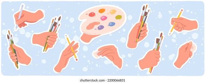 Artist hand holding brush, pencil, palette set. Painter hands with paintbrushes, paints education equipment stickers. Artistic school supplies, art hobby, creativity  flat vector illustration