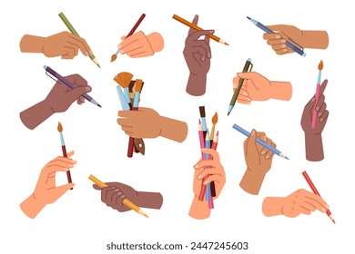 Artist hand holding equipment and tools for creating drawings and paintings. Vector isolated set of arms with pencils, crayons and pens, brushes with different shape and thickness of bristle