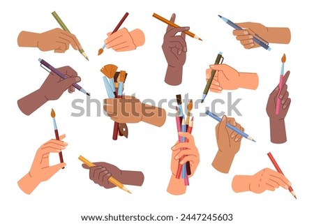 Artist hand holding equipment and tools for creating drawings and paintings. Vector isolated set of arms with pencils, crayons and pens, brushes with different shape and thickness of bristle