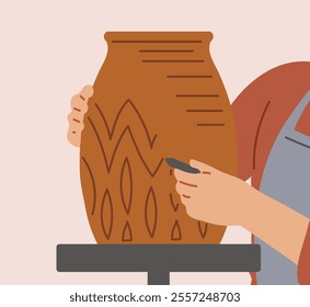 Artist hands decorating clay vase, pot. Ceramist person painting handmade crockery. Pottery hand made workshop craft. Handcrafted ceramics, creative pottery hobby. Vector flat illustration