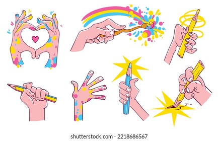 Artist Hands. Different hand gestures. Set of motivational stickers. Set of cartoon vector illustrations. Isolated on white background