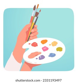 Artist hands holding brushes and palette sticker. Painter person hands with paintbrushes, paints painting equipment stickers. Artistic supplies, art hobby, creativity concept flat vector illustration