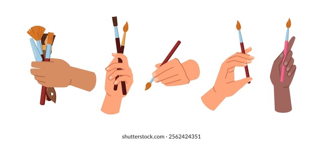 Artist hands holding brushes and pencils, crayons and tools for drawing and painting. Vector creative artistic work, arm of professional working on masterpiece. Set of humans body parts