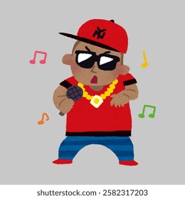 Artist hip hop rapper singing, rapper, rap, music, people, singer, artist, vector, microphone, musician, necklace, person  design, isolated man art gold hand, illustration, portrait, sunglasses.