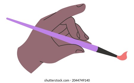 Artist hobby, person using paintbrush with soft bristle to paint or draw. Isolated hand with art instrument, making painting on leisure. Improvement of skills and development. Vector in flat style