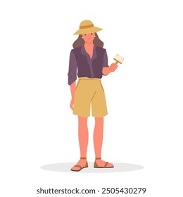 Artist holding brush to create drawing, creative hobby. Young woman in summer casual clothes and hat standing with paintbrush, beautiful smiling cute girl painting cartoon vector illustration