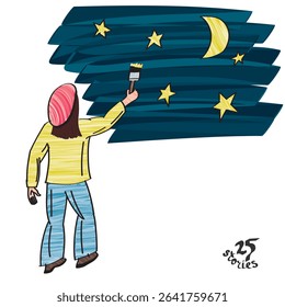 Artist Holding Brush and Painting Night Sky Moon and Stars on Empty Space Telling Story of Creation Surrealistic Concept from 25 Stories Edition - Color on White Background - Vector Hand Drawn Design