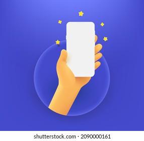 Artist holding golden microphone in a hand. 3d vector illustration 
Man holding modern smart phone with blank screen in a hand. 3d vector illustration 

