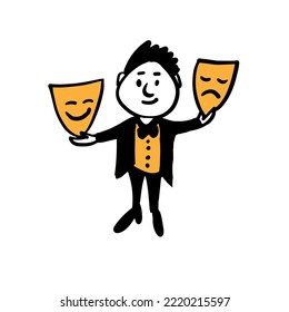 The artist holds two theatrical masks in his hands. A hand-drawn cute character. Vector doodle illustration.