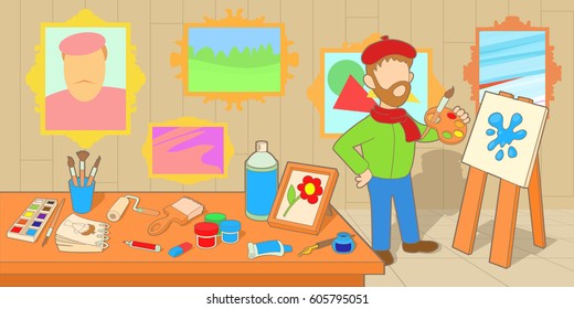 Artist horizontal banner concept workshop. Cartoon illustration of artist workshop studio vector horizontal banner for web