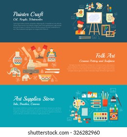 Artist horizontal banner set with painter supplies elements isolated vector illustration