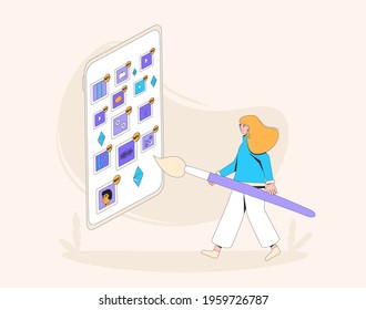 Artist with huge brush and crypto art on phone screen NFT. Non Fungible Token. Vector  illustration.