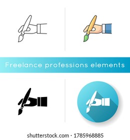 Artist icon. Freelance designer. Hand with paint brush. Creative work. Designer tool. Creativity skill. Self expression. Oil painting. Linear black and RGB color styles. Isolated vector illustrations