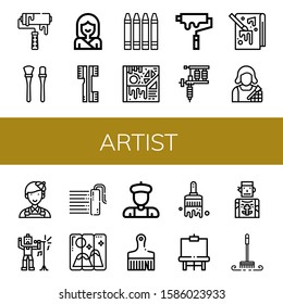 artist icon set. Collection of Roller, Makeup brushes, Karate, Brushes, Crayons, Art, Paint roller, Tattoo machine, Painting, Makeup artist, Painter, Singer, Artist, Brush icons