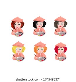 Artist icon vector, vector isolated illustration of 6 cartoons. White background. The set of characters of the artist with palette and brush. Logo for the designer. Creative character for printing.