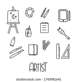 Artist icons with lettering. Hand draw vector line illustration. The set consists of easel, palette. pencils, brushes, rulers, tablet, notepad and more.