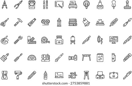 Artist Icons Studio Workshop Creative Tool Set . Perfect modern icons on editable stroke.