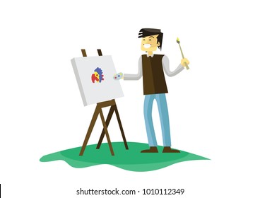 artist illustration. painter smile character. flat design. drawing action. canvas, oil color and brush.